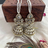 Vriksham Devika Kundan White Stone Tops With Pearl Strings & Mirror Dome Jhumka With Earchain-G20163